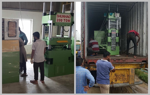 تفريغ آلات تشكيل الميلامين من شركة Shunhao، بسعة 150 طنًا و200 طن، في مصنع العميل
